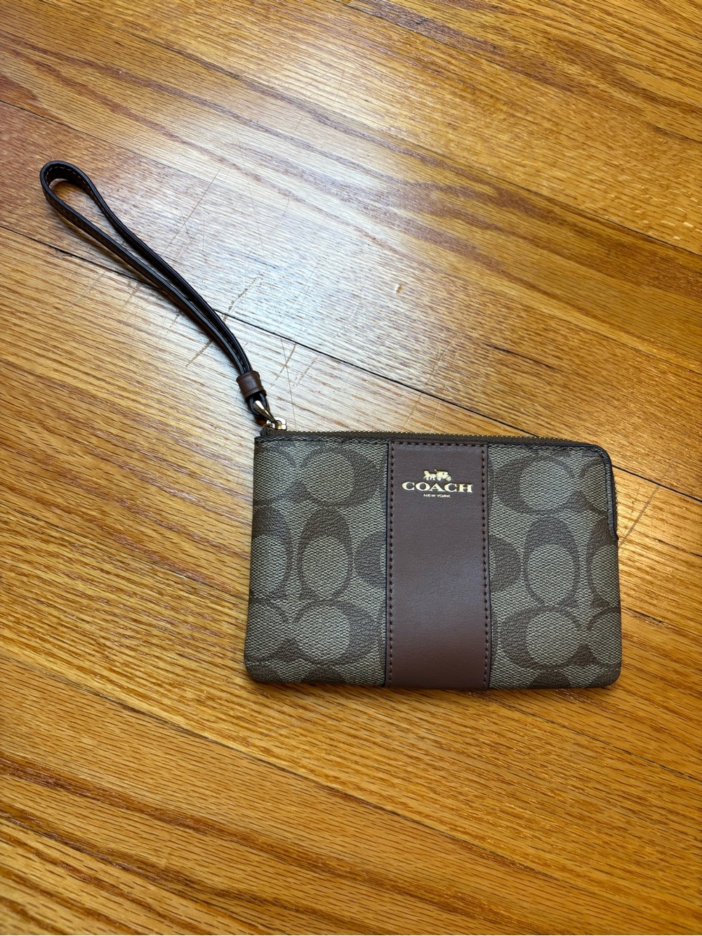 Coach Brown Signature Wristlet with Leather Stripe